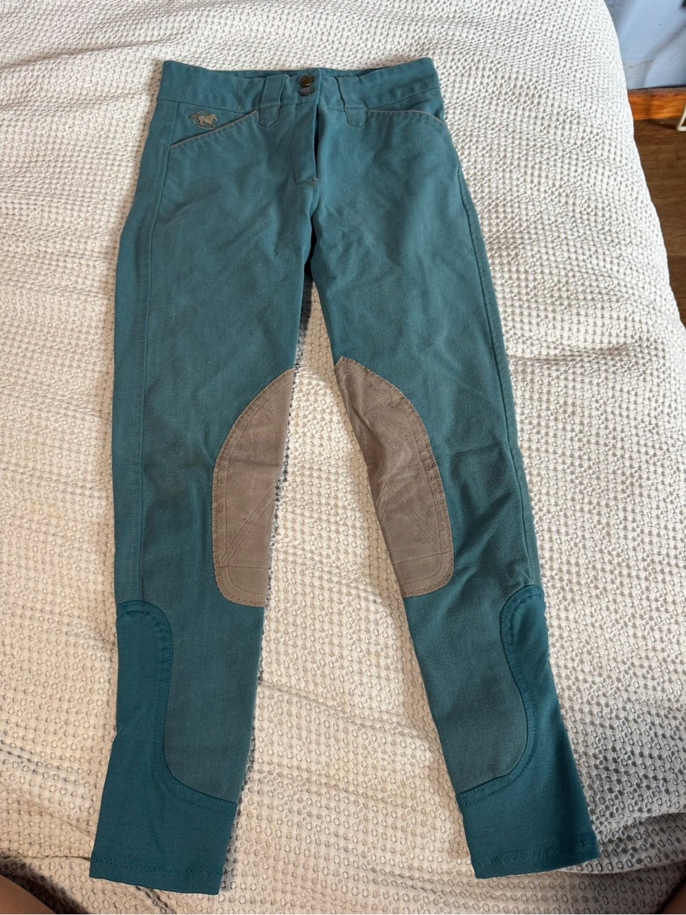 Piper Teal Kids Riding Breeches with Brown Knee Patches
